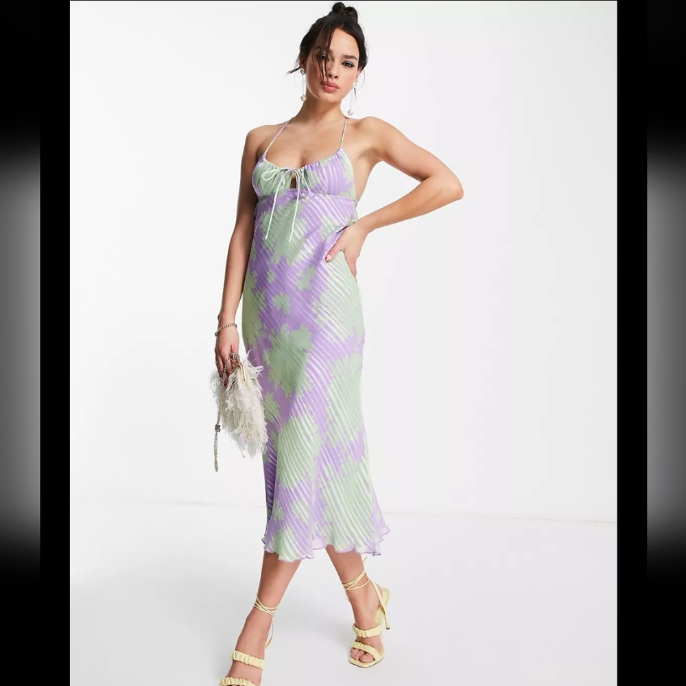 ASOS Design bias midi slip dress scoop neck satin floral print purple gr… - Picture 3 of 11